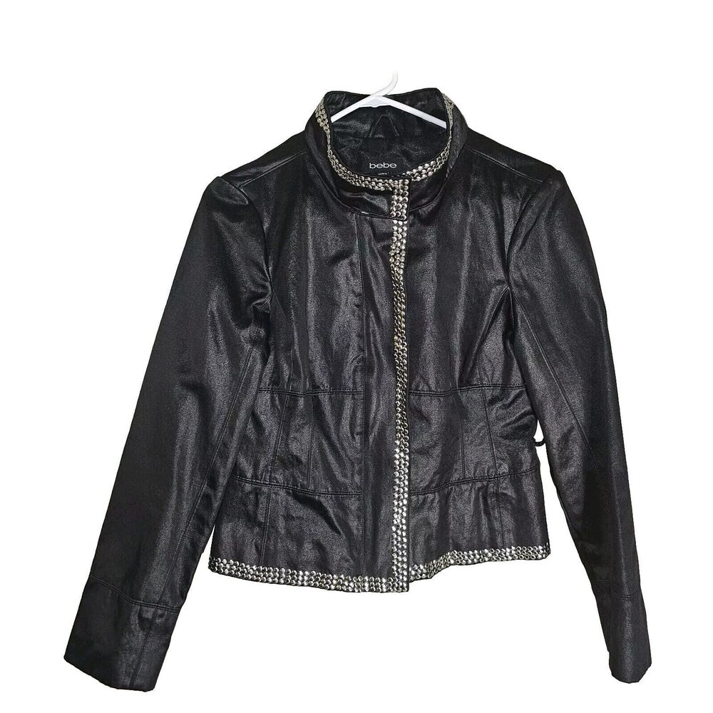 Bebe Studded Moto Jacket Womens Size Medium Black Satin Zip Up